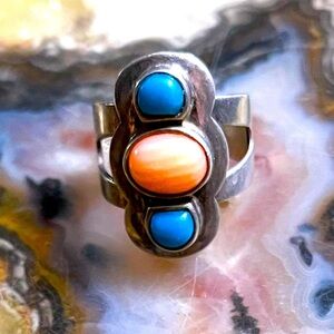 Coral Turquoise Sterling Silver Vintage Ring Boho Statement Stamped Marker Mark